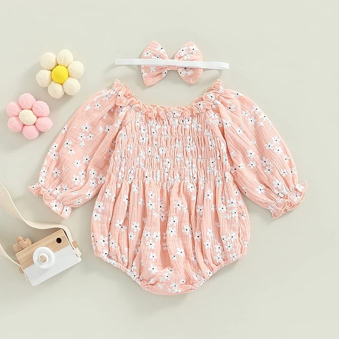 2pcs Infant Baby Girls Romper Dress Headband Long Sleeve Clothing Flowers Newborn Boho Girl Outfit Jumpsuit Clothes