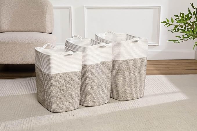 Tall Laundry Basket With Handles,Woven Cotton Rope Big Laundry Hamper Sorters,Versatile Storage for Dirty Clothes,Baby Toys,and Blankets in Bathroom, Nursery,and Living Room (White Brown, 50L)