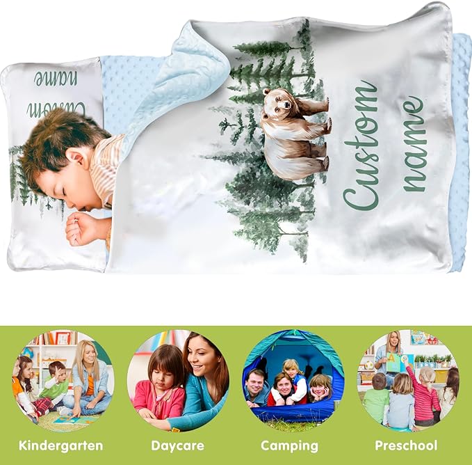 Personalized Toddler Nap Mats for Preschool, Custom Name Kids Sleeping Bag for Daycare, Roll Up Sleeping Mat with Removable Pillow and Soft Dot Minky Blanke for Boys Camping Travel