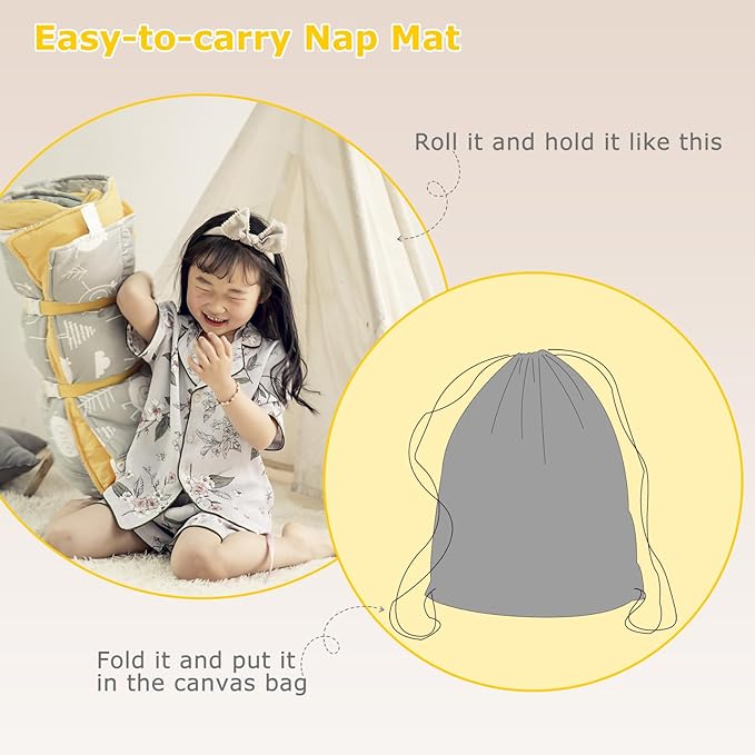 Toddlers Nap Mat with Removable Pillow and Soft Blanket, Lightweight Daycare Preschool Kindergarten Sleeping Bag, Travel Slumber for Kids Girls Boys