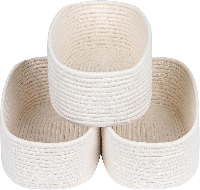 CubesLand Off White Small Storage Baskets for Shelves, Closet Organization Storage Bins Empty Gift Basket Baby Nursery Woven Baskets for Organizing, Rectangular Clothes Closet Shelves Baskets 3 Packs