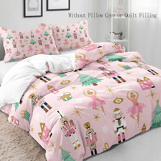 LUVIVIHOME 3PCS Christmas Nutcracker Duvet Cover Queen Bedding Sets, Light Pink Duvet Cover, Teen Girl Bedding, Christmas Tree Snowflake Winter Holiday Xmas Gifts Kids Comforter Cover, 2 Pillow Shams