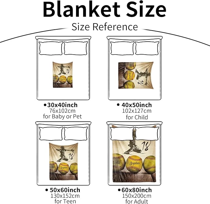 Custom Softball Blanket with Number Name: Personalized Fluffy and Warm Gift for Baby Toddler Kids and Adults Birthday Skin-Friendly Flannel Fabric(30X40inch)