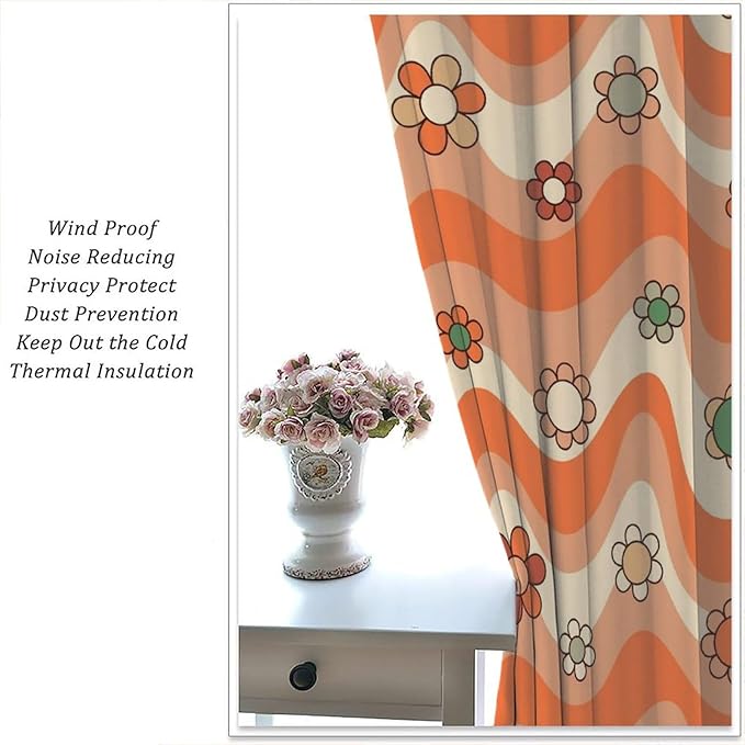 70s Boho Retro Curtains for Bedroom,Groovy Vintage Floral Rainbow Window Treatments Drapes for Kids Girls Window 72"" W X 63"" L, Style-6