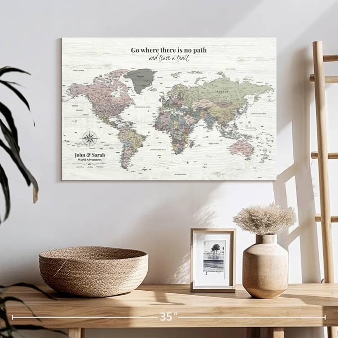 ElephantStock - Personalized Leave A Trail Iii Push Pin World Map Wall Art - Horizontal Canvas Wall Art - Living Room Wall Decor - Digital Art Map Canvas Art - White And Gray Decor - 24" x 16"