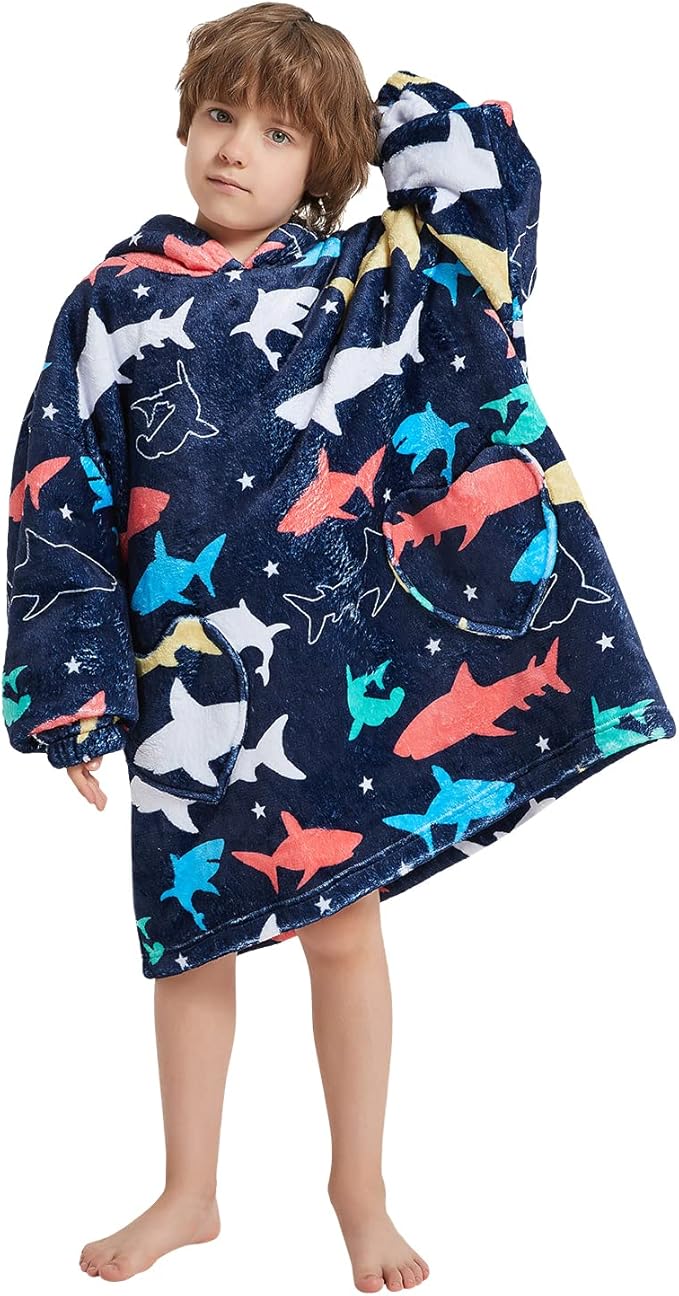 Fiosnow Shark Blanket Hoodies for Kids 6-13YR Oversize Wearable Blanket Hoodies for Boys Girls Teens