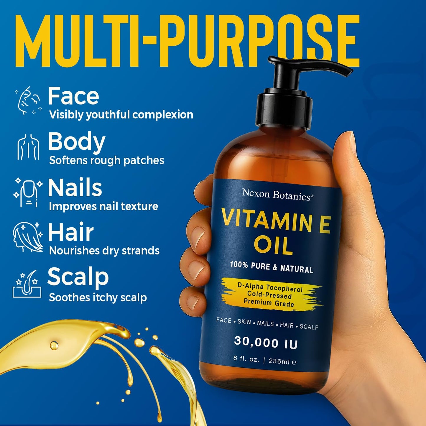 Pure Vitamin E Oil 30,000 IU, 8 fl oz - Cold-Pressed, Hexane Free, Natural Moisturizer for Skin & Face - Supports Scar & Stretch Mark Care by Nexon Botanics