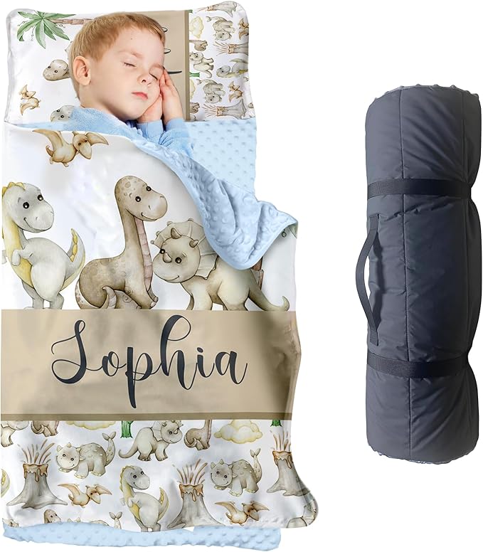 Personalized Toddler Nap Mats for Preschool, Custom Name Kids Sleeping Bag for Daycare, Roll Up Sleeping Mat with Removable Pillow and Soft Dot Minky Blanke for Boys Camping Travel