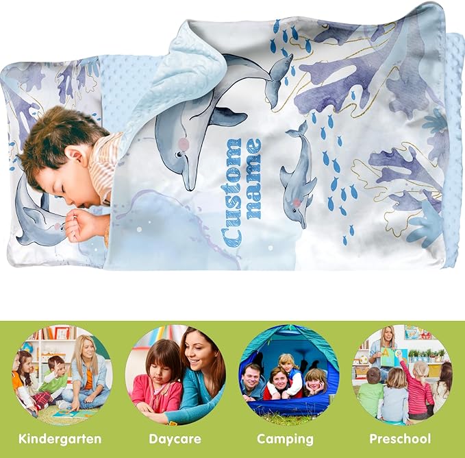 Personalized Toddler Nap Mats for Preschool, Custom Name Kids Sleeping Bag for Daycare, Roll Up Sleeping Mat with Removable Pillow and Soft Dot Minky Blanke for Boys Camping Travel