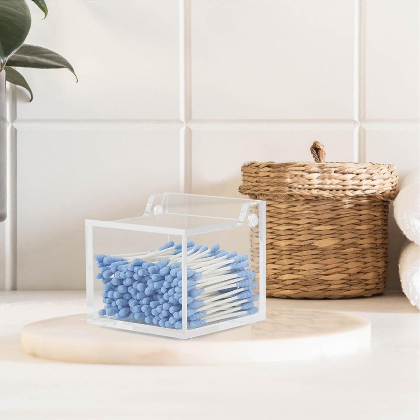 Clear Acrylic Qtip Holder With Lid Cotton Balls Swab Organizer,Square Q Tip Storage, Floss Picks, Bath Salts, Cotton Wab Holder,Home Bathroom Decor (DP011)