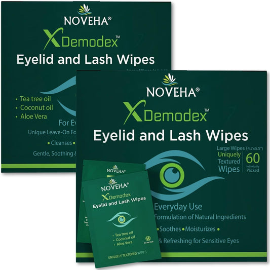 NOVEHA Demodex Eyelid & Lash Wipes | Box of 60 Individually Wrapped Extra Strength Cleansing Eyelash Wipes - Battles Irritated Eyes - Naturally Remove Debris (Pack of 2)