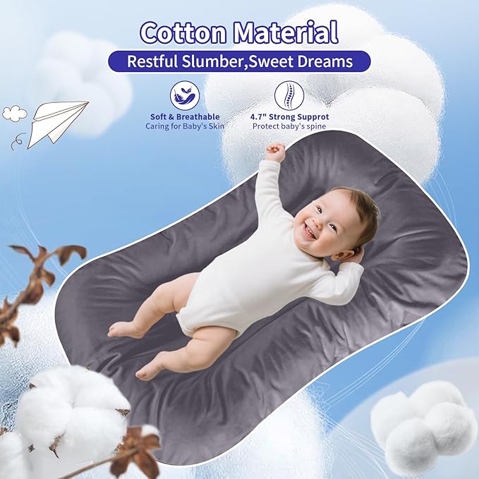 Baby Lounger 0-24 Months 100% Cotton,Soft & Breathable Tummy Time Mat for Newborn Infant Play Mat,Babies Essentials Gifts,Gray(Lounger Cover Included)