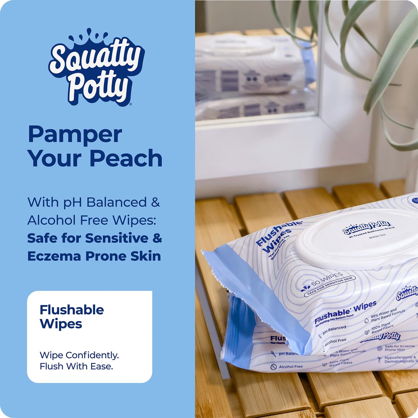 Squatty Potty Flushable Wipes - 6 Pack (300 Total Wipes) - 99% Water & Plant-Based - Green Tea, Cucumber & Aloe Spa Scent - pH Balanced - Septic Safe Adult Wet Wipes