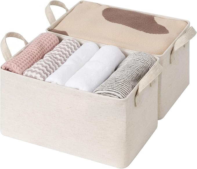 StorageWorks Storage Bins, Shelves Baskets for Organizing, Fabric Closet Organizers with Handles, Metal Frame, Beige（Cotton-linen）, 2-Pack