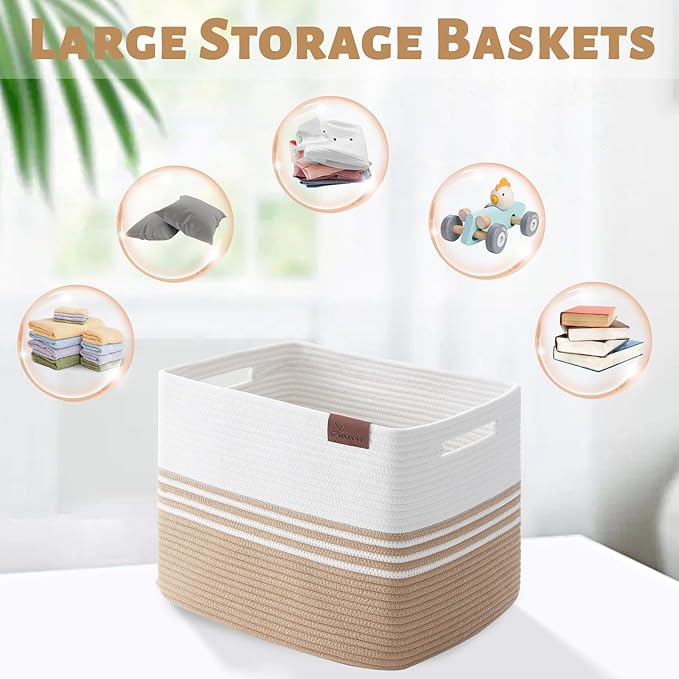 Storage Baskets, 42L*2 Pack Storage Baskets for Organizing, Laundry Basket for Closet,Cotton Rope Blanket Basket for Storage, Toy Storage Basket for Living Room, Laundry Room, Bedroom-Jute