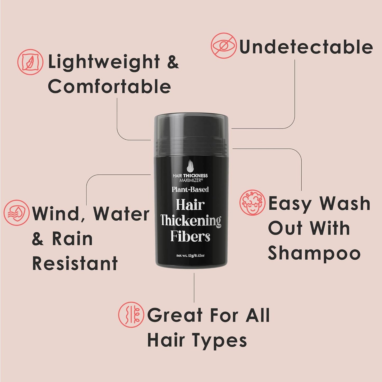 Hair Fibers for Thinning Hair For Women, Men. Plant-Based Formula for Instant Hairline & Bald Spot Coverage. Non-Itchy, Easy to Wash Out (Black)