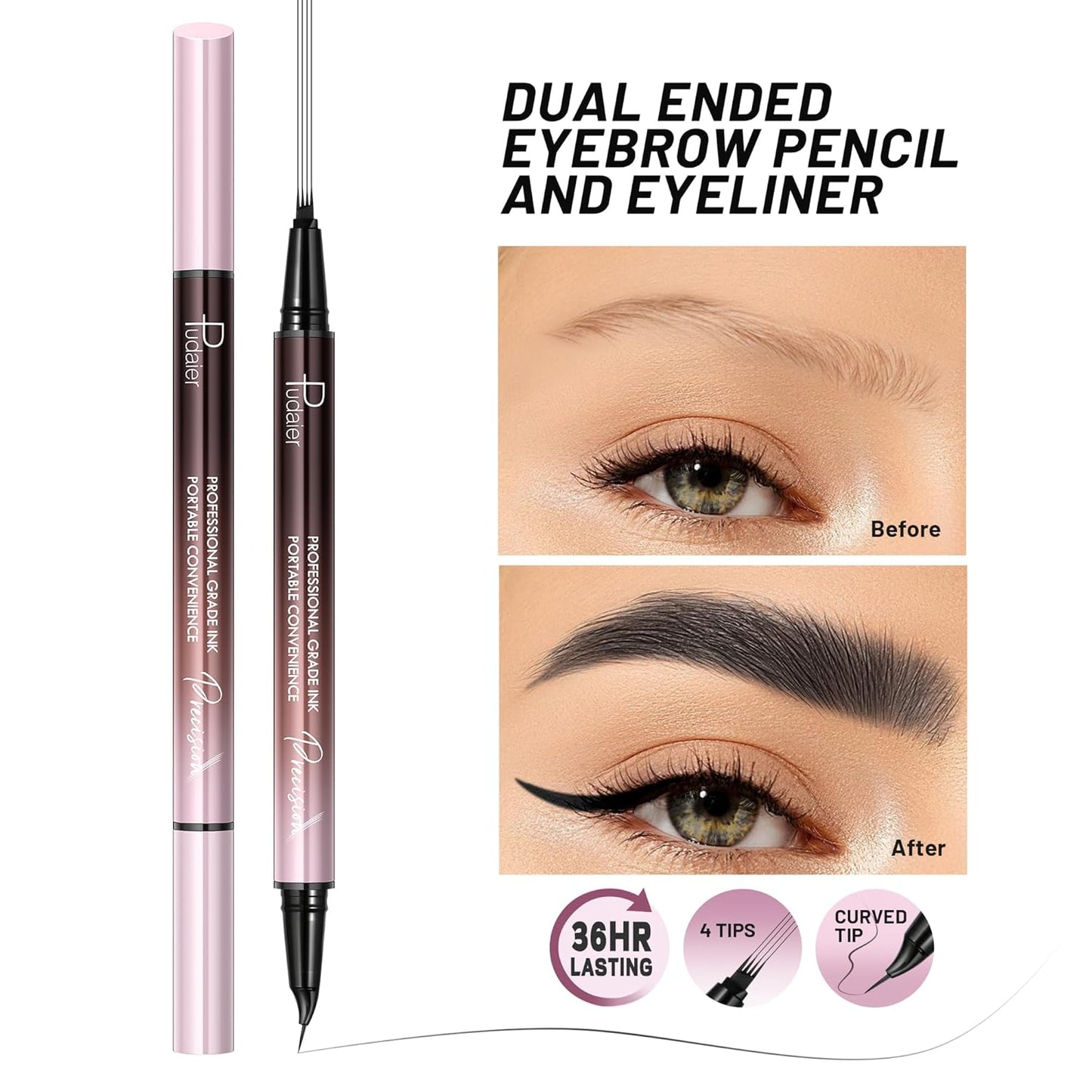 Curved Eyebrow Pen, 2 in 1 Dual Ended Microblading Eyebrow Pencil, Waterproof and Last All Day 4 Tip Brow Pencil with Precise Tip, Create Natural Hair Like Brows and Eyeliner (Natural Black)