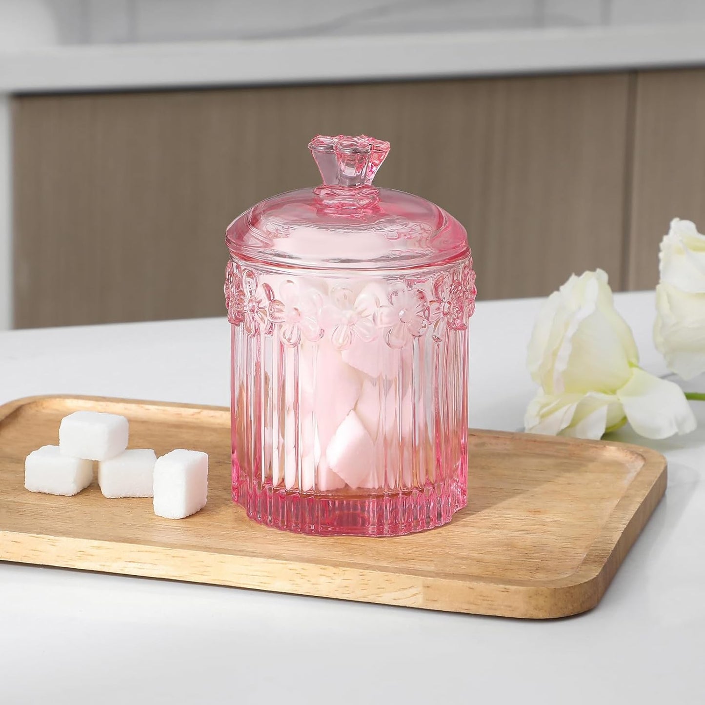 rejomiik 2 Pack Qtip Holder Glass Apothecary Jars with Lids Set Bathroom Canisters Dispenser Organizers and Storage for Cotton Swabs, Balls, Pads, Floss Picks, Candy, Pink