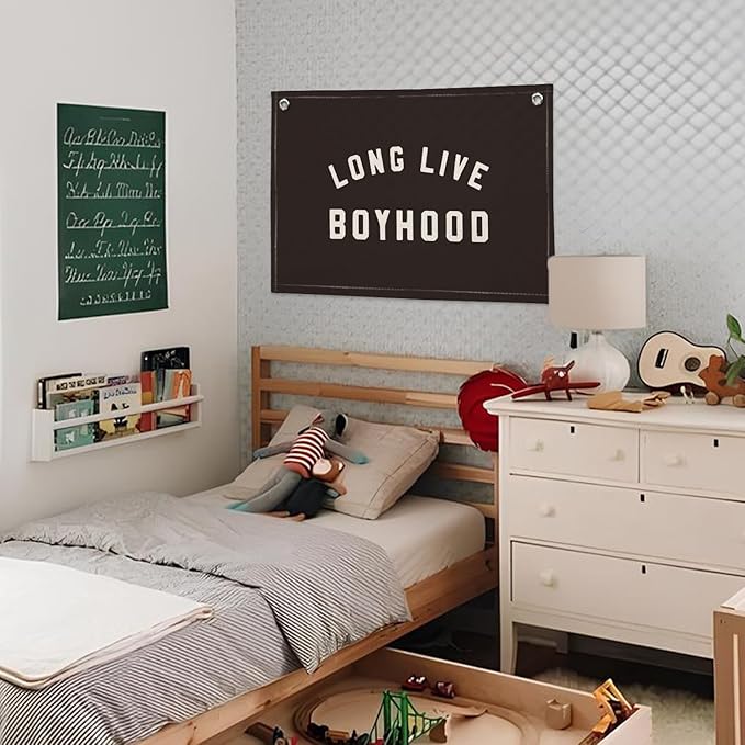 "Long Live Boyhood" Wall Banner 20x30 Inch - Boys Room Decor, Linen Canvas Wall Hanging for Toddler Playroom, Rustic Nursery Sign, Adventure Theme Kids Bedroom Banner - Black