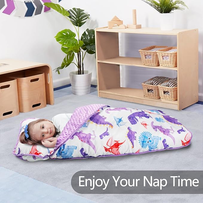 Primlect Thickened Toddler Nap Mat with Removable Pillow and Minky Blanket, Extra Large 55''x35'' Sleeping Bag, Washable, Roll up, Perfect for Daycare, Preschool, Kindergarten, Boys and Girls Dinosaur