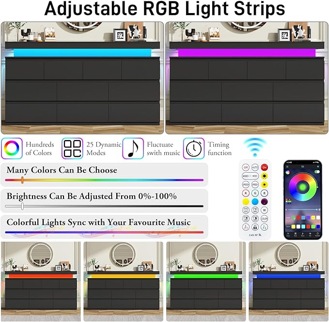 10 Drawer Dresser for Bedroom, 63“ Wide 34” Tall Drawer Organizer Cabinet with LED Light and Charge Station, Modern Chest of Drawers for Closet, Living Room, Entryway, Hallway (Black, 10 Drawers)