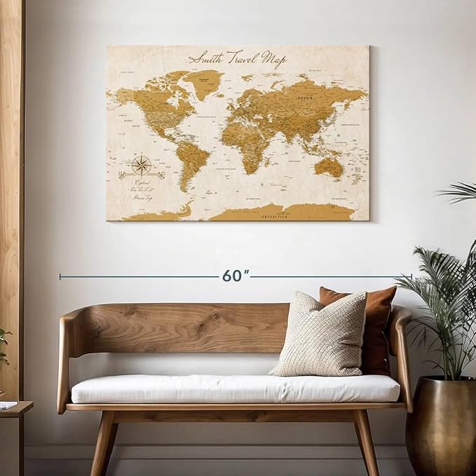 ElephantStock - Personalized Travel Push Pin World Map Wall Art - Horizontal Canvas Wall Art - Living Room Wall Decor - Digital Art Map Canvas Art - Orange And Beige Decor - 45" x 30"
