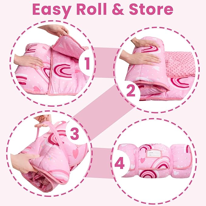 Toddler Nap Mat with Pillow and Minky Blanket, Large 55"x35" Sleeping Bag, Washable, Lightweight, Easy to Roll, Perfect for Preschool, Daycare, Kindergarten, Travel, Boys and Girls(Rainbow)