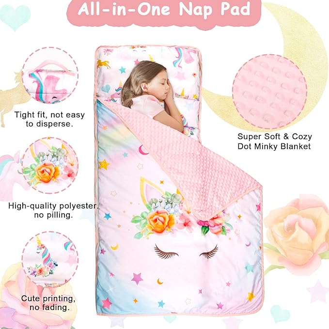 Toddler Nap Mat with Removable Pillow and Soft Dot Minky Blanket Pea Pod Kids Unicorn Napping Mats, Extra Large Rolled Slumber Bags for Girls Preschool, Daycare, Camping, 22 x 54inches Ages 3-7 Years
