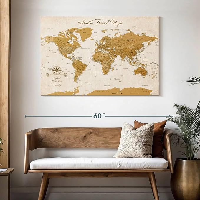 ElephantStock - Personalized Travel Push Pin World Map Wall Art - Horizontal Canvas Wall Art - Living Room Wall Decor - Digital Art Map Canvas Art - Orange And Beige Decor - 48" x 32"