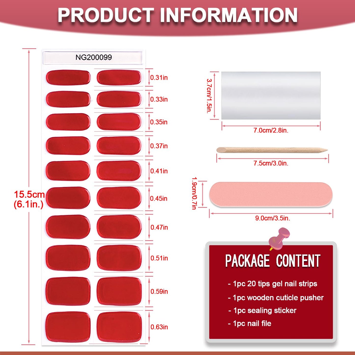 WOKOTO 20Pcs Chrome Red Gel Nail Strips with Nail File & Wooden Stick Holographic Red Semi Cured Nail Polish Strips UV Gel Nail Stickers Full Nail Wraps Stick On Nails Strips Decals for Women Girls