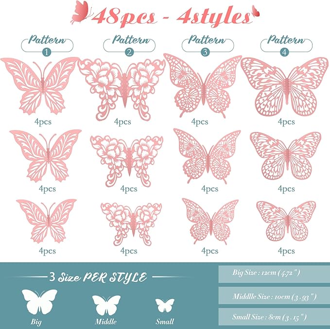 3D Pink Butterfly Wall Decor 3 Sizes 4 Styles Butterfly Party Decorations Cake Decorations Removable Stickers Wall Decor Room Mural Metallic Kids (Pink, 48Pcs)