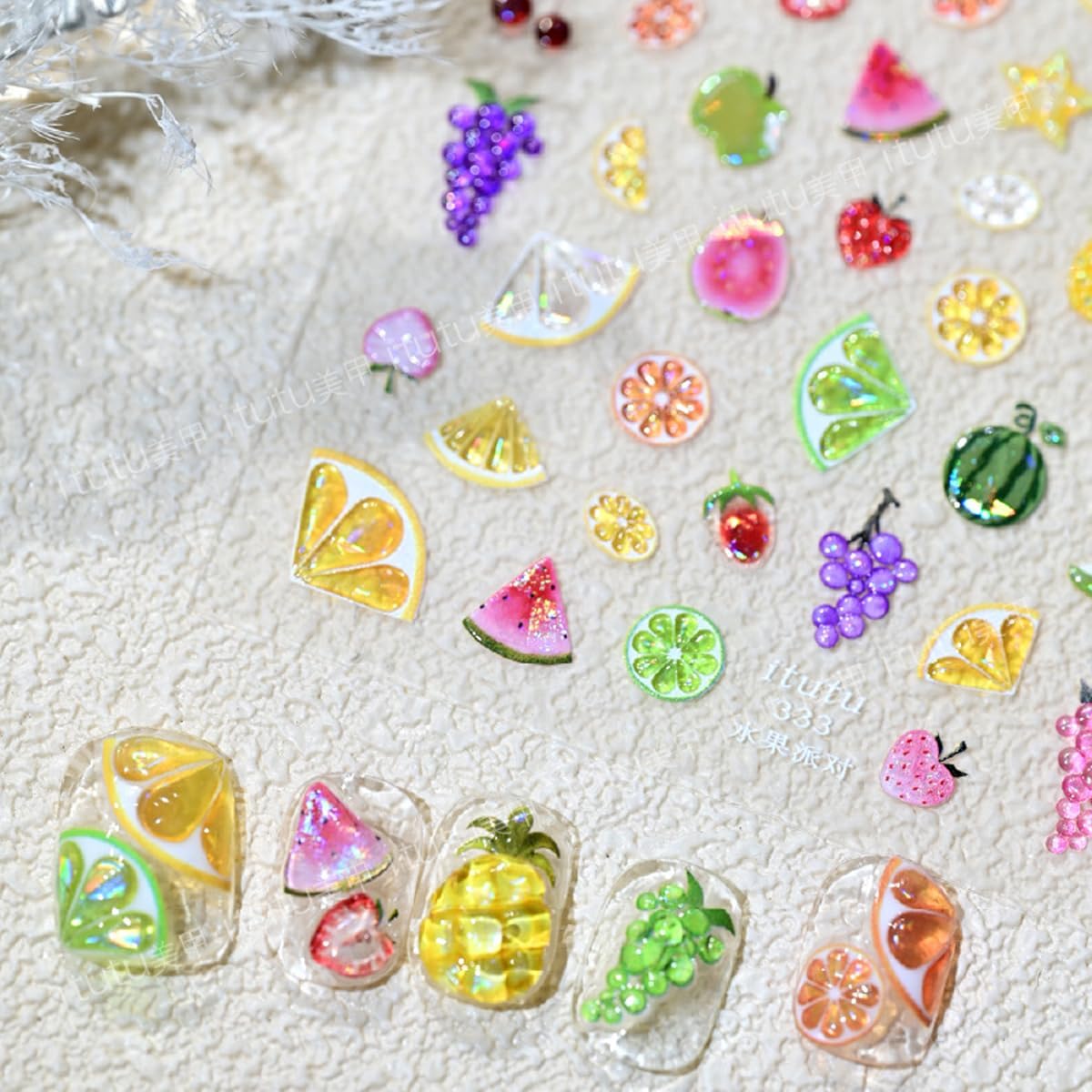 Summer Fruit Nail Stickers for Nail Art Iridescent Shimmer Nail Decals,Lemon Strawberry Grape Watermelon Stickers for Nails Designs 3D Self Adhesive Nail Supplies & Decorations for Women Girls 1 Sheet