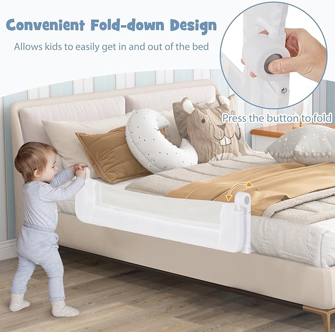 BABY JOY Double Sided Bed Rail Guard, 2 Pack, Extra Long, Swing Down for Convertible Crib, Folding Baby Safety Bedrail for Kids Twin Full Size Queen King Mattress, Rails for Toddlers (White, 48")