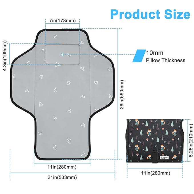 Baby Portable Changing Pad Travel - Waterproof Compact Diaper Changing Mat with Built-in Pillow - Lightweight & Foldable Changing Station, Newborn Shower Gifts