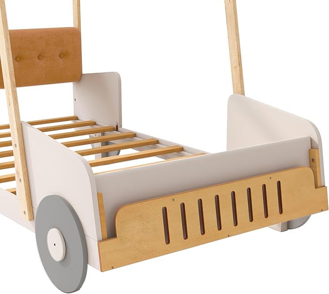 Merax Car Shaped Platform Bed for Kids Twin Size, Solid Wood Bed Frame with Back Cushion & Ceiling Cloth, for Boys Girls Teens, Natural