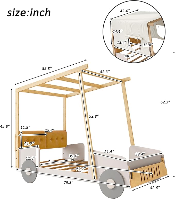 Merax Car Shaped Platform Bed for Kids Twin Size, Solid Wood Bed Frame with Back Cushion & Ceiling Cloth, for Boys Girls Teens, Natural