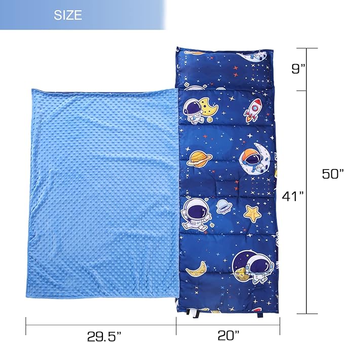 Toddler Nap Mat with Removable Pillow and Minky Blanket,Soft Rolled Napping Mats for Boys and Girls,Lightweight Daycare,Preschool,Travel Toddler Sleeping Slumber Bags -50"×20”(Space)