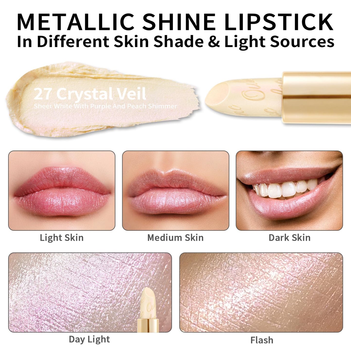 Oulac Glitter Lipstick for Women with Metallic 3D Shine Lightweight Hydrating Formula, High Impact Lip Color, Vegan & Gluten Free Beauty, Sheer Coverage Lip Makeup, Crystal Veil(27)
