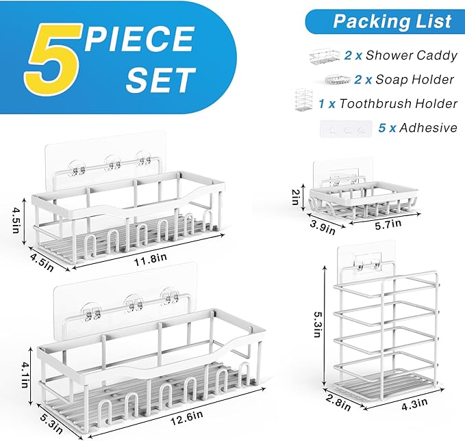 EUDELE 5-Pack Rustproof Stainless Steel Shower Caddy – No Drill Adhesive Bathroom Organizer with Large Capacity, Spacious Shower Shelves for Inside Shower, Kitchen & Home Decor Storage-XL Size
