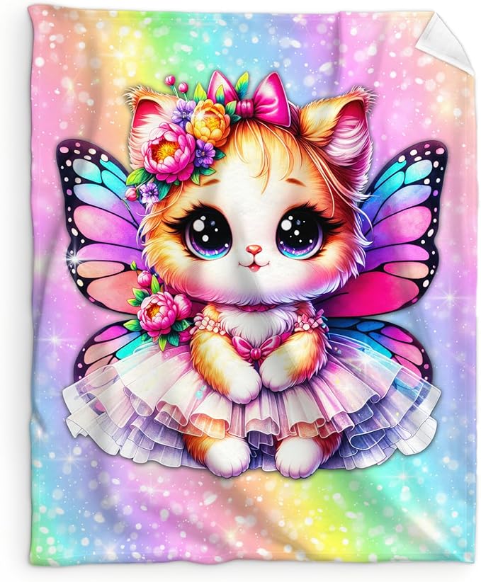 Girls Cat Blanket, Throw for Toddler Kids Daughter Cat Lovers 30x40 Inches Soft Cozy Rainbow Print Throw Blankets for Sofa Couch Bed Travel Cute Birthday Gift