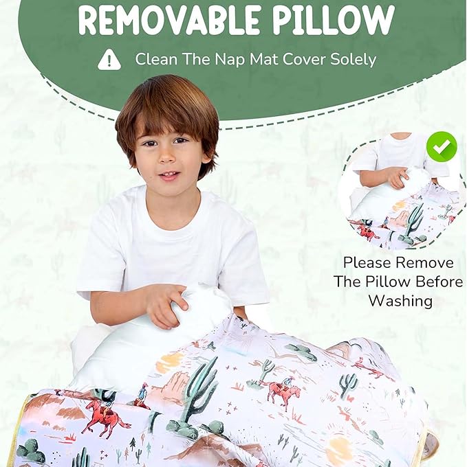 Morxy Toddler Nap Mat with Pillow & Blanket Large Portable Roll Up Nap Mats with Name Tag- Thick Kids Sleep Mat for Daycare, Preschool Travel and Camping for Age 3 and up