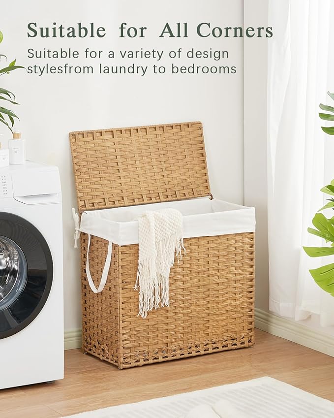 Laundry Hamper with Lid Laundry Basket 132 L (35 Gal) Wicker Clothes Hamper, Handwoven Rattan Hamper with Handles and 4 Removable Liner Bags, 6 Mesh Bags for Laundry Bedroom Natural