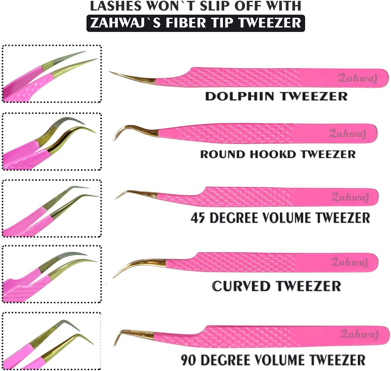 Lash Tweezers - Set of 5 Diamond Grip Eyelash Tweezers - Stainless Steel Professional Fiber Tip Lash Tweezer for Eyelash Extensions (Pink)