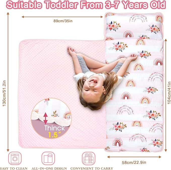 Toddler Nap Mat with Removable Pillow and Soft Dot Minky Blanket Pea Pod Kids Rainbow Floral Napping Mats Extra Large Rolled Slumber Bags for Girls Preschool, Daycare, 22.9 x 51.2inches Ages 3-7 Years