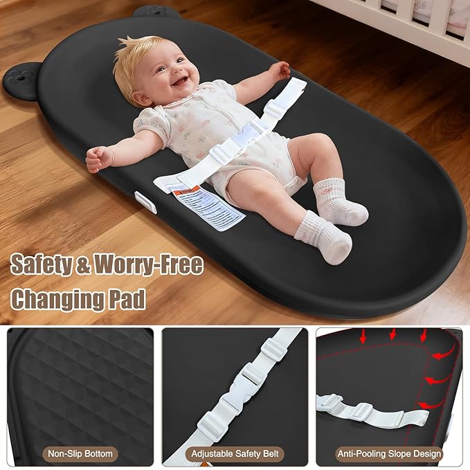 Changing Pad, Wipeable Diaper Changing Pad with Safety Belt for Changing Table, Nursery, Dresser, EVA Non-Slip Baby Changing Table Pad, Black