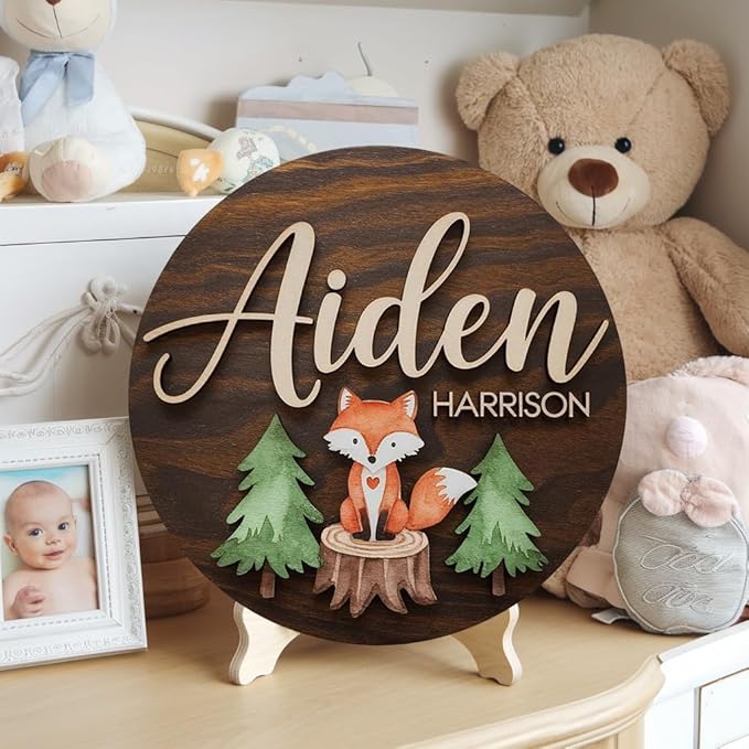 Personalized Wooden Name Signs for Nursery, Fox Sign for Baby Door Decor, Newborn Gifts for Boy, Boys Nursery Wall Bedroom Decorations, Mother's Day Gifts for New Mom Dad Gift