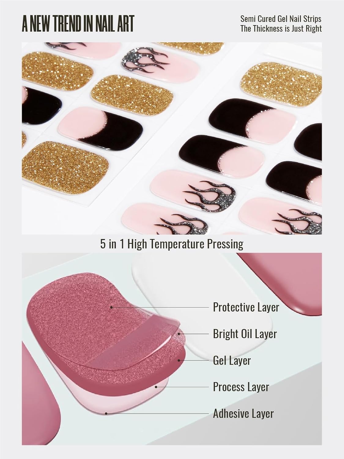 Semi Cured Gel Nail Strips, 30 pcs Gel Nail Wraps, Easy to Apply, Salon-Quality, 2 Weeks Long Lasting Pink Passion