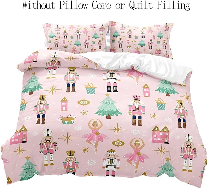 LUVIVIHOME 3PCS Christmas Nutcracker Duvet Cover Queen Bedding Sets, Light Pink Duvet Cover, Teen Girl Bedding, Christmas Tree Snowflake Winter Holiday Xmas Gifts Kids Comforter Cover, 2 Pillow Shams