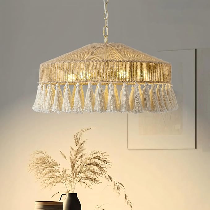 Rattan Pendant Light 19.5in 6 Lights Boho Large Chandelier Wabi-Sabi Pendant Light with Fringe Tassle Chandelier Lighting Fixtures for Living Dining Room Kitchen Bedroom Nursery Girls Room