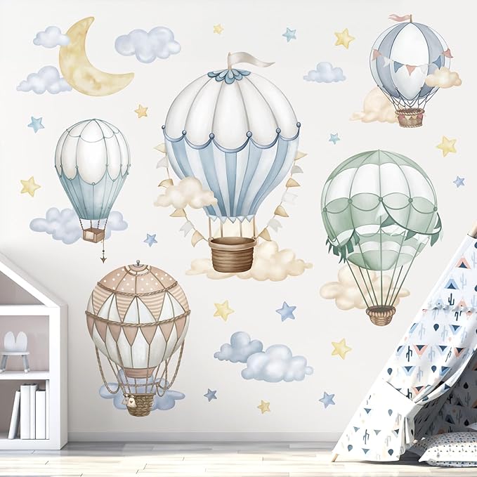 wondever Watercolor Hot Air Balloon Wall Stickers Star Moon Cloud Balloons Peel and Stick Wall Art Decals for Baby Nursery Kids Bedroom